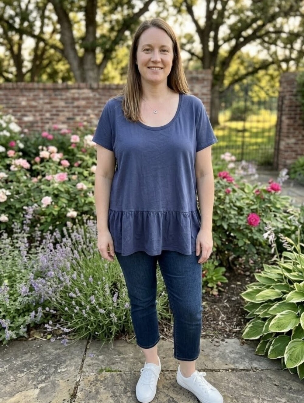 Eddie Bauer Navy Scoop-Neck Peplum Short Sleeve Top